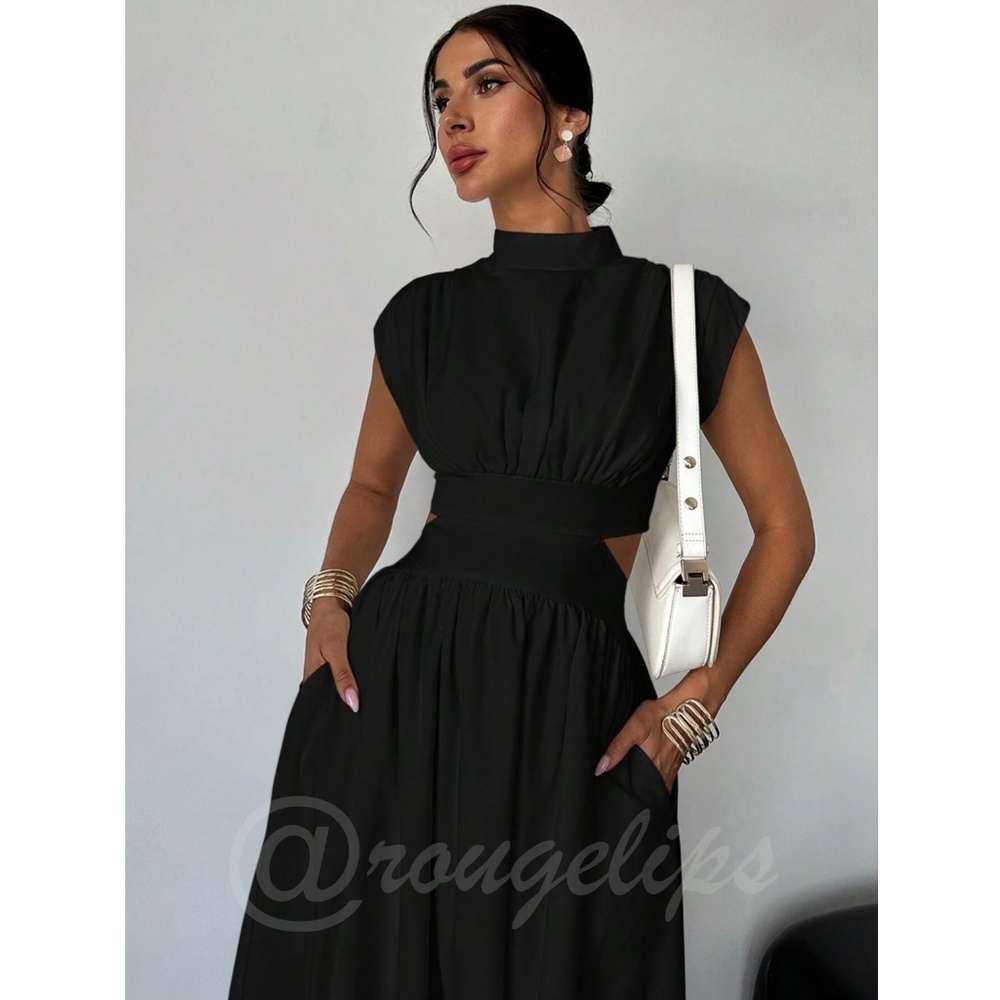 Black Long Dress High Neck Cut Out Back Flared Skirt Sleeveless - Picture 2 of 10